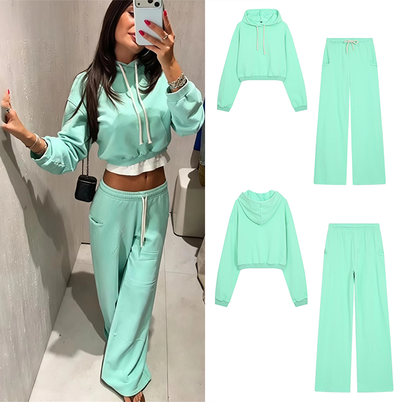 Street For Fashion - Setelan Sweatshirt Crop Fluoresen Wanita Guobioziy