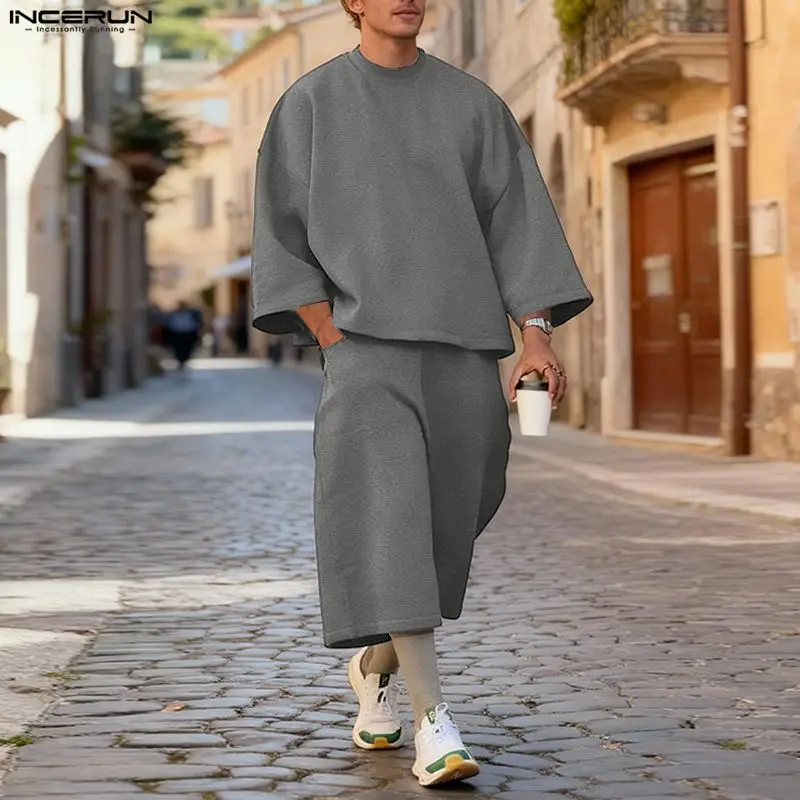 Street Fashion Guys - INCERUN Setelan Pria Warna Solid Hoodie