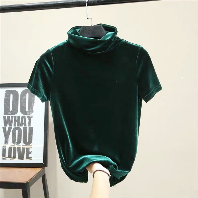 Street Fashion Korean - Kemeja Beludru Lengan Pendek Turtleneck Wanita