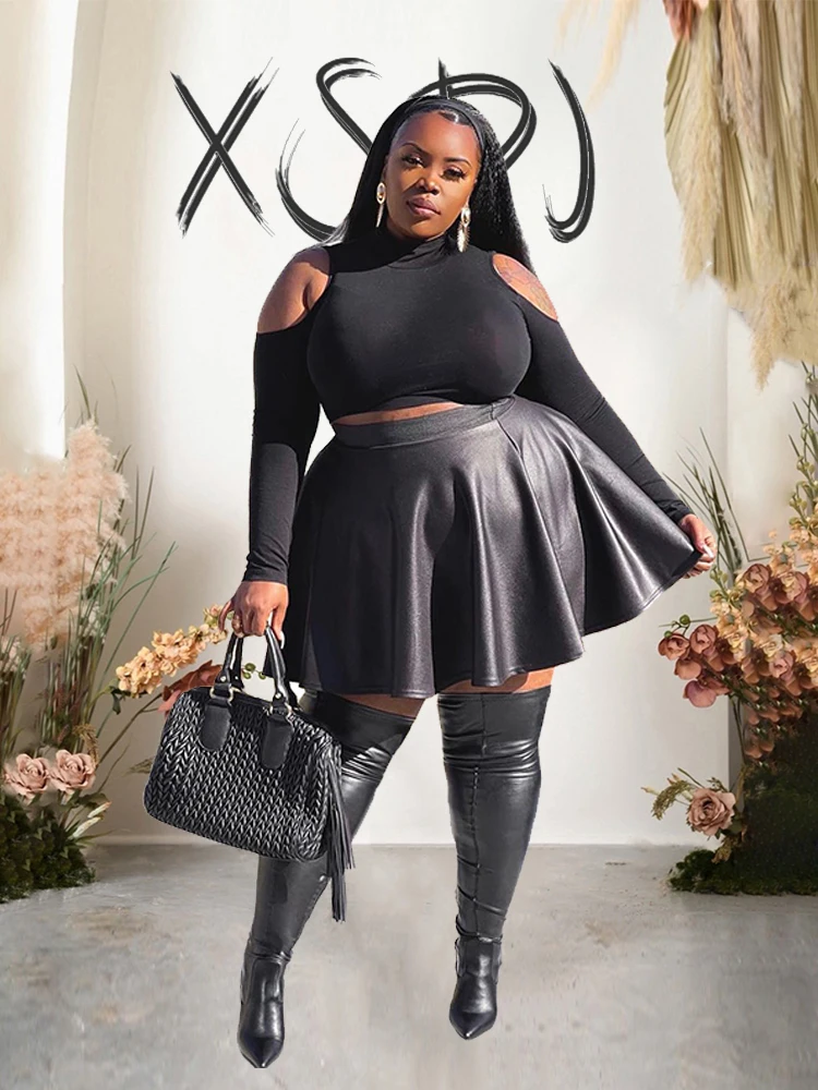 Street Fashion Plus Size - Rok Flare kulit Matte wanita ukuran